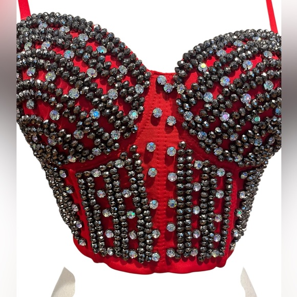 Love J NWT red beaded corset with white and dark silver embellished rhinestones - Picture 5 of 11